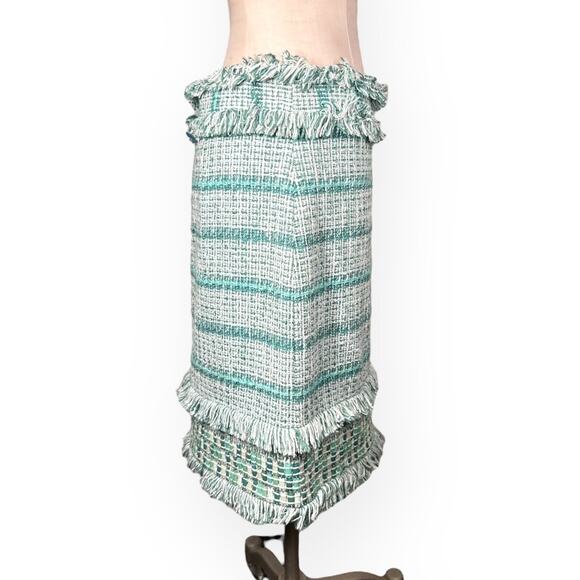 New $375 TORY BURCH Nora Tweed Pencil Skirt Embellished Turquoise Fringe Trim 10 - Picture 4 of 14